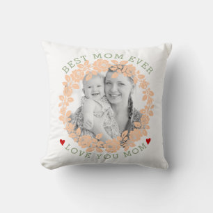 Mothers Day peach and green rose wreath photo Cushion