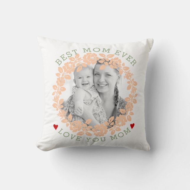 Mothers Day peach and green rose wreath photo Cushion (Front)
