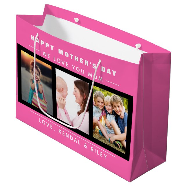 Mother's Day Photo Collage Pink Custom Large Gift  Large Gift Bag (Front Angled)