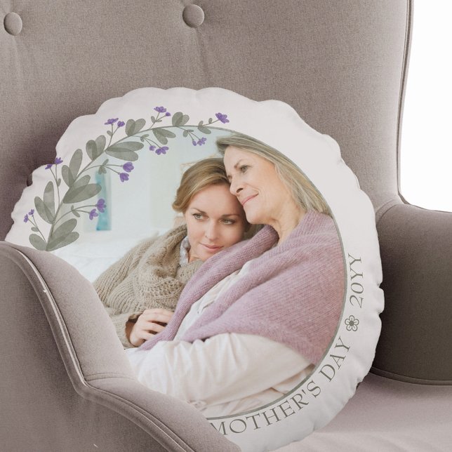 Mother's Day Photo Purple Wildflower Floral Frame Round Cushion (Creator Uploaded)