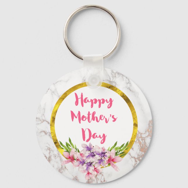 Mother's Day Pink and Purple Watercolor Magnolias Key Ring (Front)