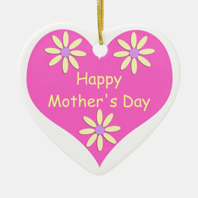 Mother's Day Pink Heart and Yellow Flowers Ceramic Tree Decoration (Front)