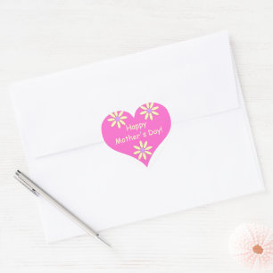 Mother's Day Pink Heart and Yellow Flowers Heart Sticker