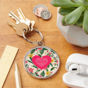Mothers Day,Pink Love Heart and Flowers Pattern Key Ring