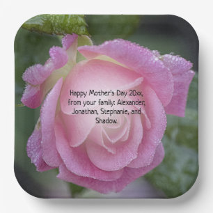 Mothers Day Pink Rose Dew Drops Floral Photo Paper Plate
