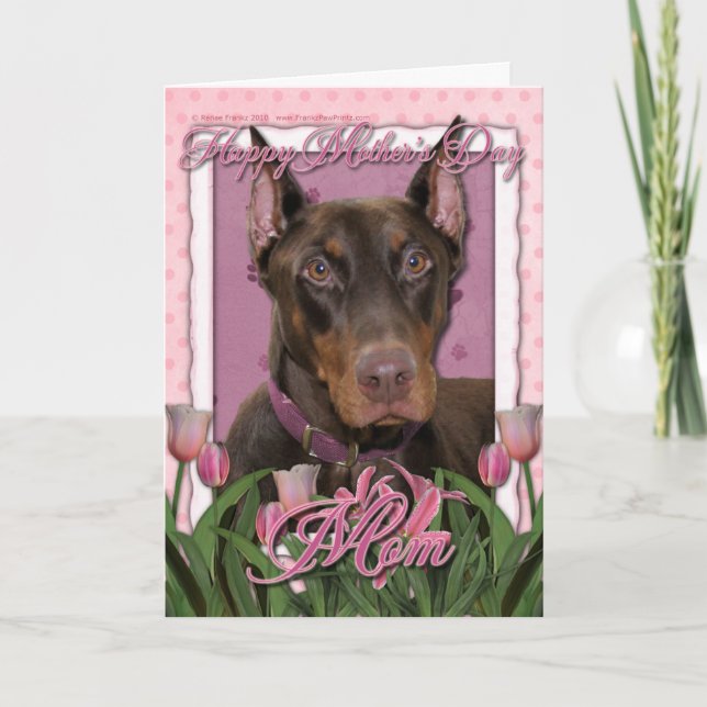 Mothers Day - Pink Tulips - Doberman - Red - Rocky Card (Front)