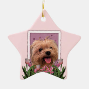 Mothers Day - Pink Tulips - Morkie - Lacey Ceramic Tree Decoration