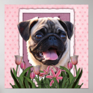 Mothers Day - Pink Tulips - Pug Poster