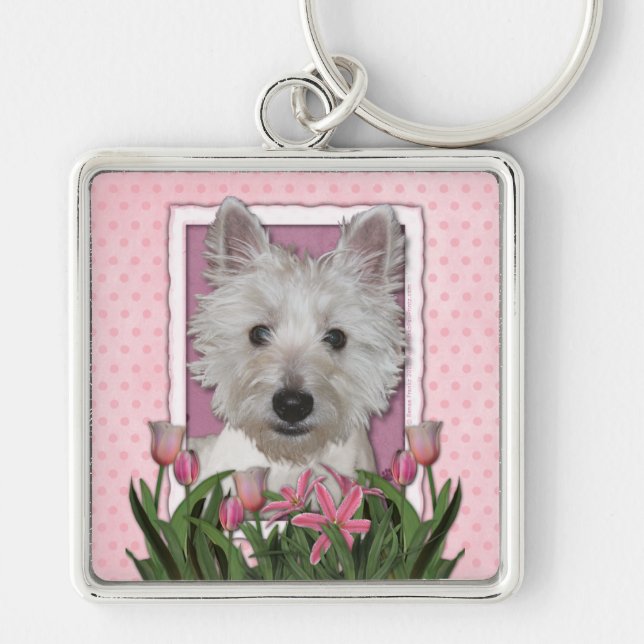 Mothers Day - Pink Tulips - Westie Key Ring (Front)