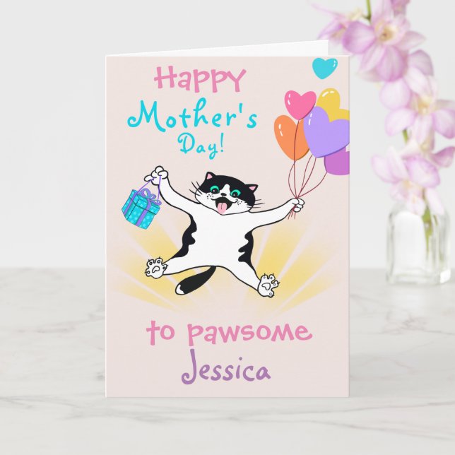Mother's Day Playful Tuxedo Kitty  Card (Orchid)