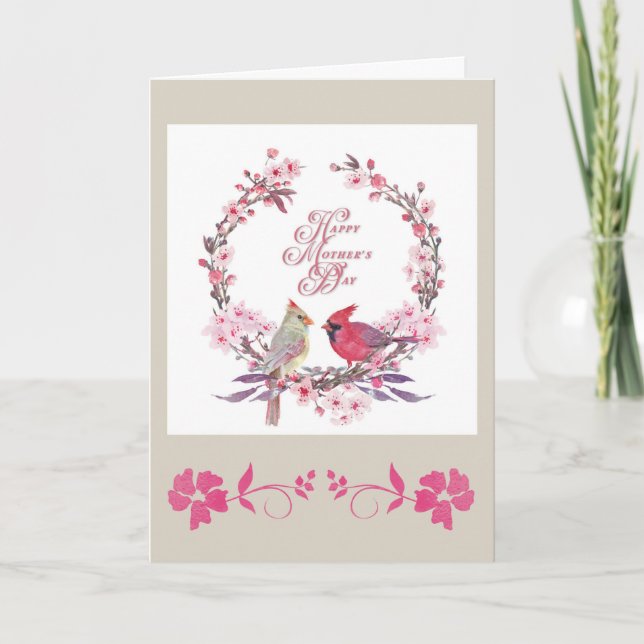 Mothers Day Pretty Cardinal Floral Wreath Card (Front)