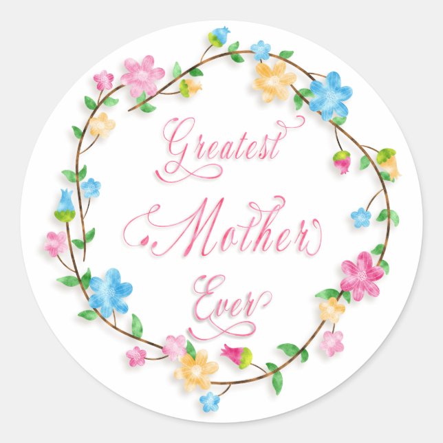 Mother's Day Pretty Floral Wreath 3 Word Art Classic Round Sticker (Front)