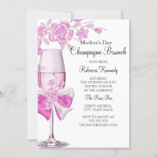 Mother's Day Pretty Pink Rose Champagne Brunch 2 Invitation