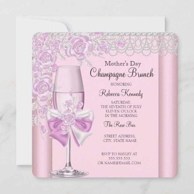 Mother's Day Pretty Pink Rose Champagne Brunch 2D Invitation (Front)