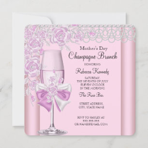 Mother's Day Pretty Pink Rose Champagne Brunch 2D Invitation