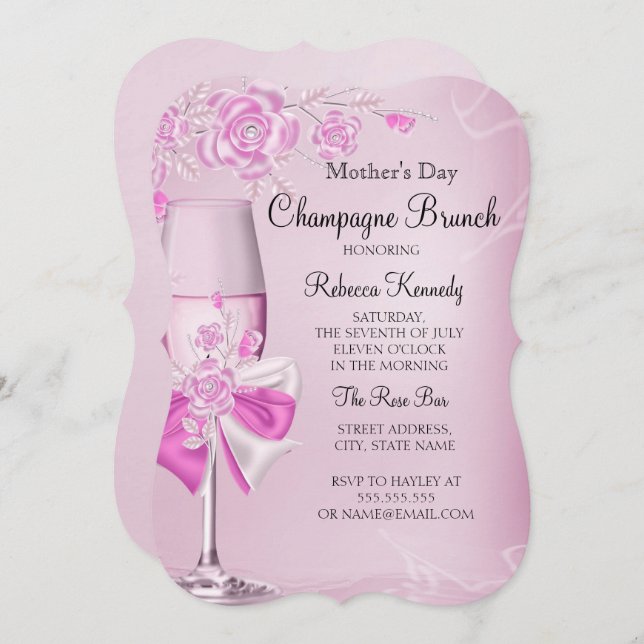 Mother's Day Pretty Pink Rose Champagne Brunch Invitation (Front/Back)
