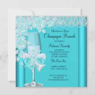 Mother's Day Pretty Teal Rose Champagne Brunch 2C Invitation