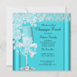 Mother's Day Pretty Teal Rose Champagne Brunch 2C Invitation