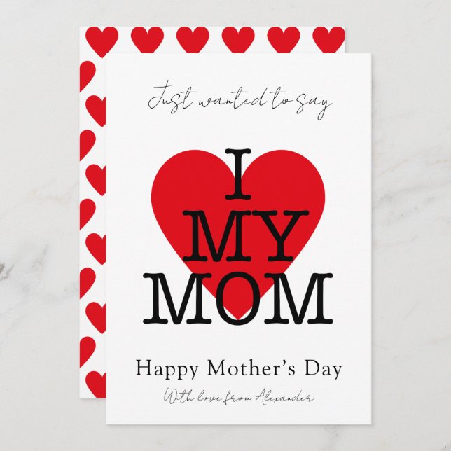 Mothers day quote i love my mum red heart holiday card (Front/Back)