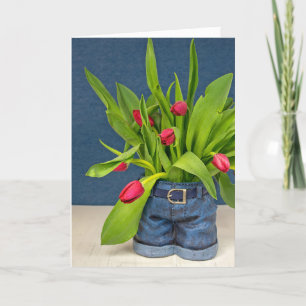 Mother's Day-red tulips in blue jean pot Card
