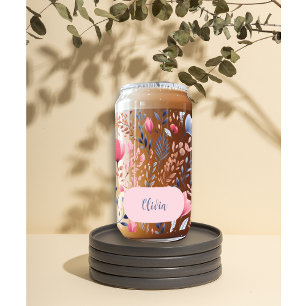 Mother's Day Romantic Pink Florals Custom Name  Can Glass