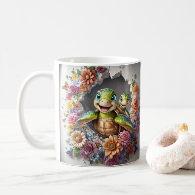 mother's day Sea Turtles with Colourful Floral Coffee Mug (With Donut)