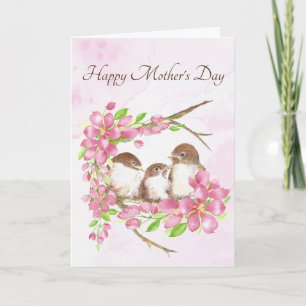 Mother's Day Spring Cherry Blossoms Birds  Holiday Card