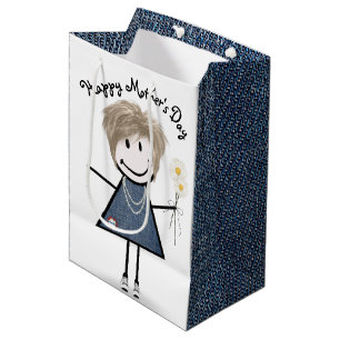 Mother's Day Stick Girl with Daisies  Medium Gift Bag