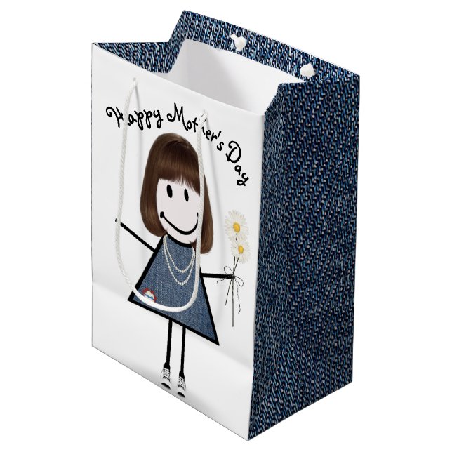 Mother's Day Stick Girl with Daisies  Medium Gift Bag (Front Angled)