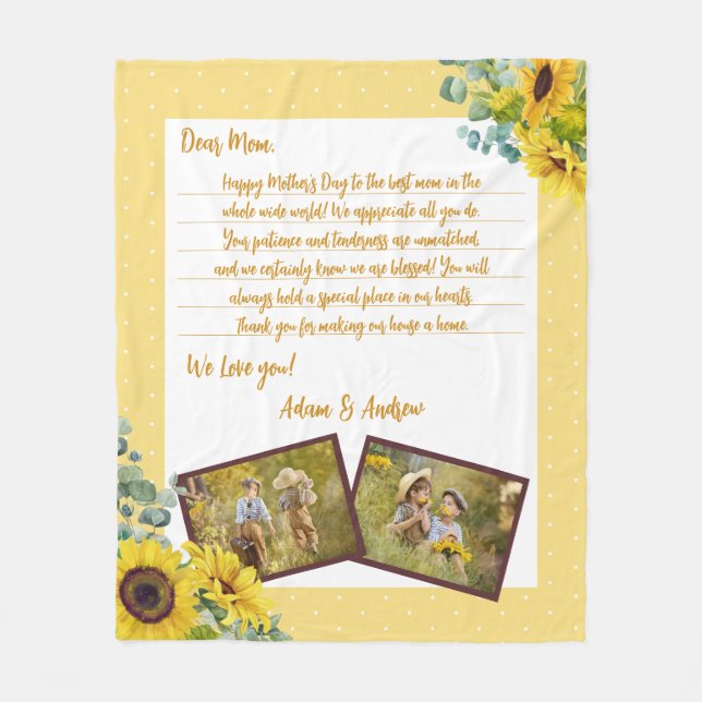 Mothers Day Sunflower Love Letter Photo Keepsake Fleece Blanket (Front)