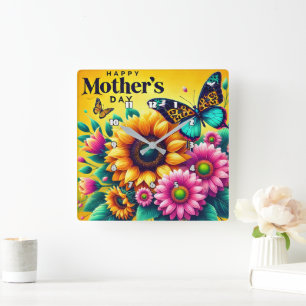 Mother's Day: Sunflowers, Butterflies, Joy Square Wall Clock