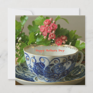 Mother's Day Tea Cup Cobalt Flowers Holiday Card