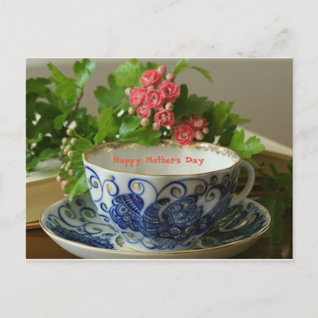 Mother's Day  Tea Cup Cobalt Flowers Holiday Postcard (Front)