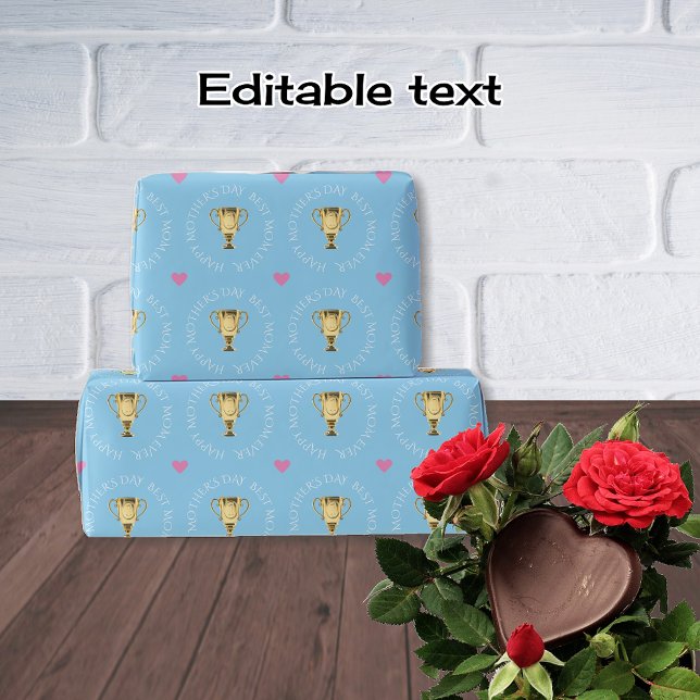 Mothers Day trophy custom text blue Wrapping Paper (Creator Uploaded)