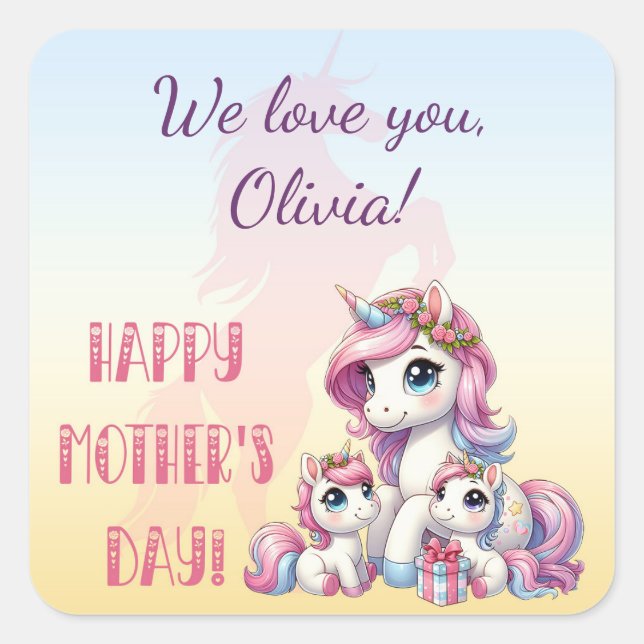 Mother's Day Unicorn-Themed Party Square Sticker (Front)