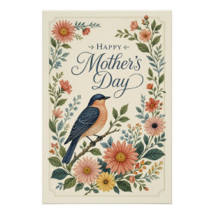 Mother's Day Vintage Bluebird Wildflower Garden Poster