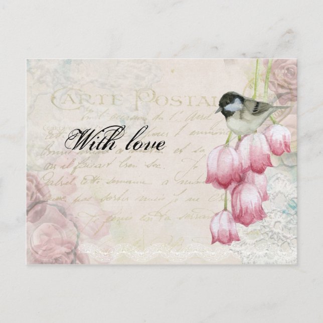 Mother's Day Vintage Post Mail Pink Tulips Bird Postcard (Front)