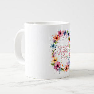Mother's Day Watercolor Floral Wreath in Pink Large Coffee Mug