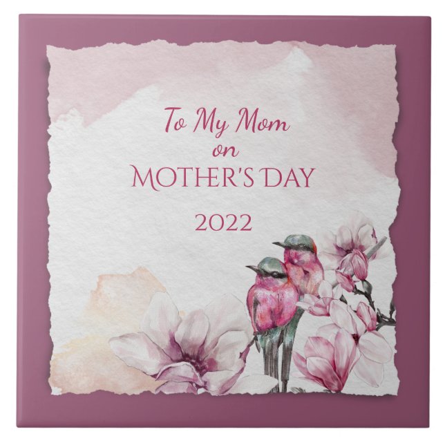 Mother's Day Watercolor Flowers and Bird Ceramic Tile (Front)