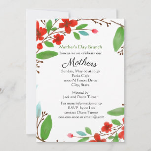 Mother's Day Watercolor Red Flowers Brunch  Invitation