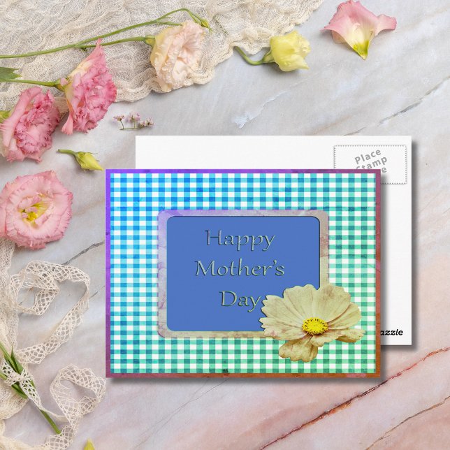 Mother's Day White Flower & Gingham Design Postcard (Mother's Day White Flower & Gingham Design Postcard)