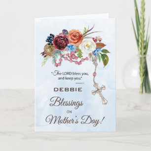 Mothers Day With Catholic Rosary and Flowers Card