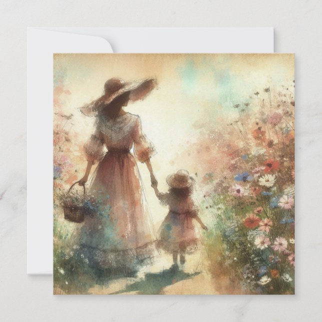 Mother's Day Woman and Child in Field of Flowers Card (Front)