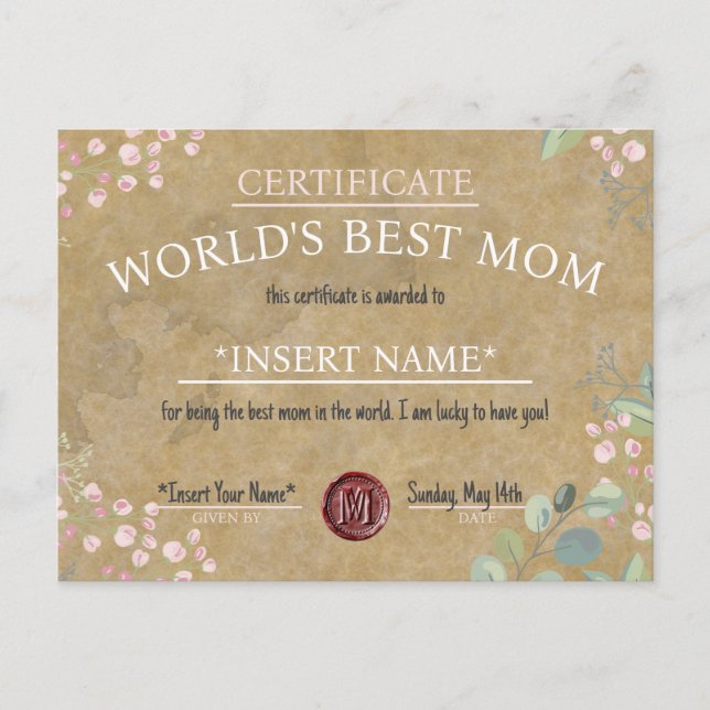 Mother's Day World's Best Mom Certificate Announcement Postcard (Front)