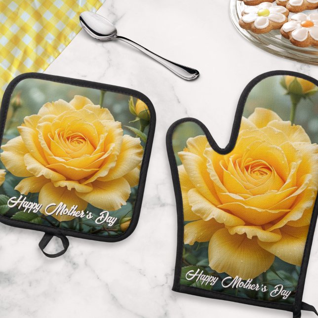 Mother's Day Yellow Rose Flowers Elegant Kitchen Oven Mitt & Pot Holder Set (An oven glove and pot holder matching set, with 'Happy Mother's Day' message and yellow rose picture)