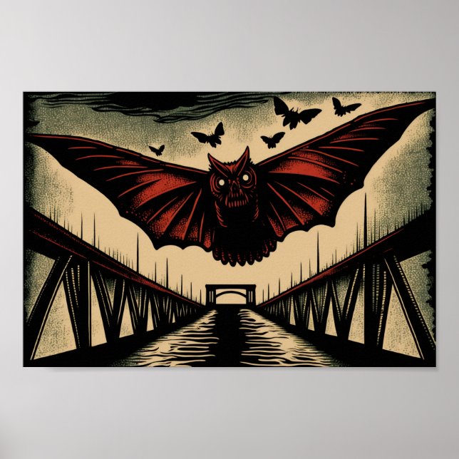 Mothman and Bridge Spooky Woodcut Art Print (Front)