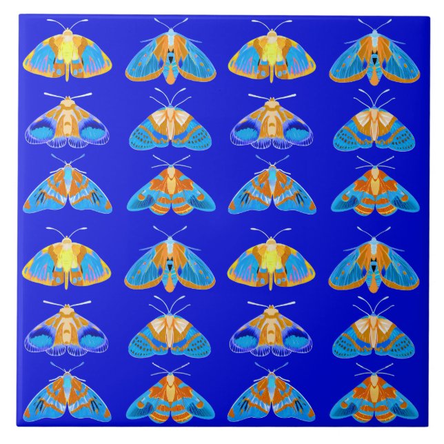 Moths in Dark Blue, Orange and Turquoise  Ceramic Tile (Front)