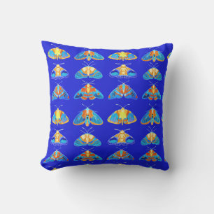 Moths in Dark Blue, Orange and Turquoise Cushion