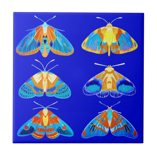 Moths in Dark Blue, Orange and Turquoise small Ceramic Tile (Front)
