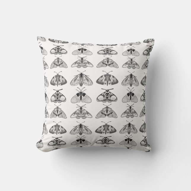 Moths in Grey, Black and White Cushion (Front)